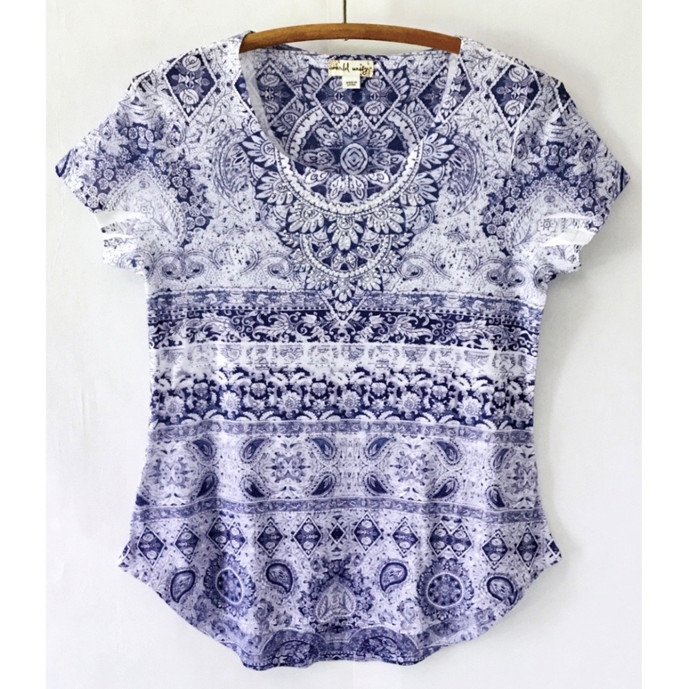 3/$15 World Unity Bluish Purple Floral Motif Top